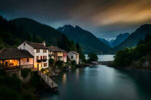 photo wallpaper the sky, mountains, lake, house, river, house, the dark, the. AI-Generated
