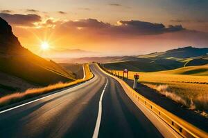 a road is shown in the sunset with the sun shining. AI-Generated photo
