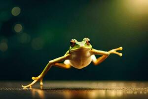 a frog jumping on the ground. AI-Generated photo