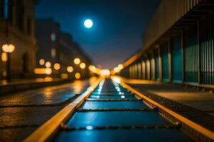 un tren pista a noche con un lleno Luna en el antecedentes. generado por ai foto