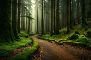 un camino mediante un verde bosque con cubierto de musgo arboles generado por ai foto