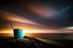 a bucket of water sits on a rock overlooking the ocean. AI-Generated photo