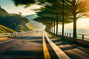 un la carretera con arboles y un montaña en el antecedentes. generado por ai foto