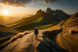 a person walking on a path in the mountains. AI-Generated photo