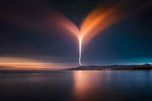 a long exposure photograph of a rocket flying over the ocean. AI-Generated photo