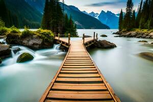 a wooden bridge over a river with mountains in the background. AI-Generated photo