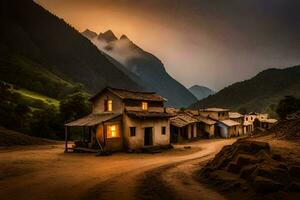 photo wallpaper the sky, mountains, the village, the road, the village, the road,. AI-Generated