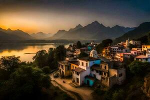 photo wallpaper the sky, mountains, water, sunset, the village, india, the village. AI-Generated