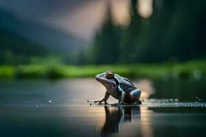 a frog sitting on the edge of a lake. AI-Generated photo