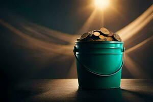a bucket filled with coins on a table. AI-Generated photo