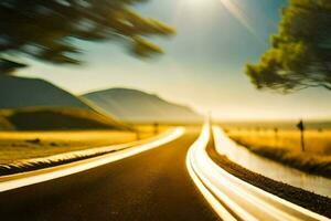 un largo la carretera con arboles y el Dom brillante. generado por ai foto