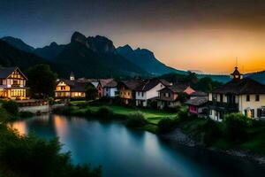 photo wallpaper the sky, mountains, river, house, village, sunset, the mountains, lake. AI-Generated