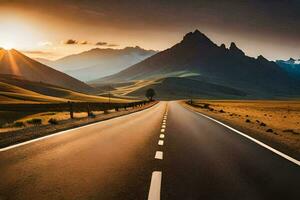 a road leading to the mountains at sunset. AI-Generated photo