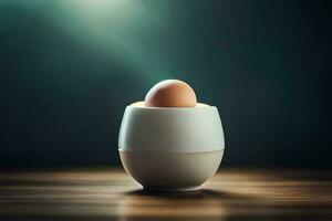 an egg in an egg cup on a table. AI-Generated photo