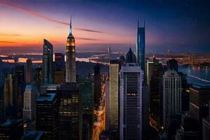 the city skyline at sunset in new york. AI-Generated photo