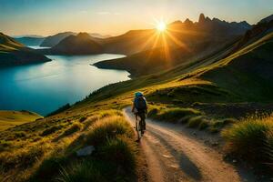 un hombre en un montaña bicicleta paseos mediante el montañas a puesta de sol. generado por ai foto