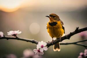 a bird sits on a branch with flowers in the background. AI-Generated photo