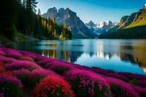 the flowers are blooming in front of a lake and mountains. AI-Generated photo