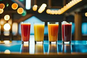 four glasses of orange juice on a bar. AI-Generated photo