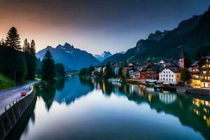 un río carreras mediante un pueblo a puesta de sol. generado por ai foto