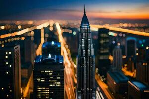 the city skyline at night with lights on. AI-Generated photo