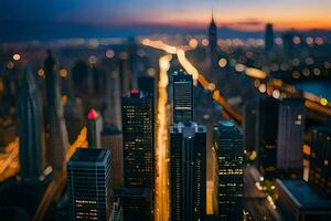 un ciudad horizonte a oscuridad con luces en el edificios generado por ai foto