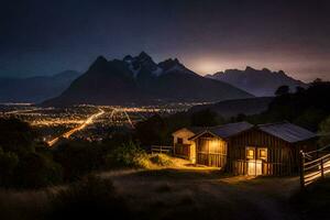 a cabin in the mountains at night. AI-Generated photo