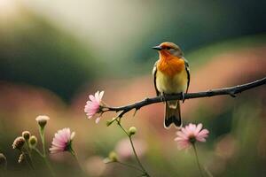 a bird sits on a branch in front of pink flowers. AI-Generated photo