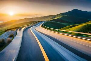 a long exposure photograph of a winding road in the mountains. AI-Generated photo