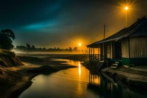 a house sits on the edge of a river at night. AI-Generated photo