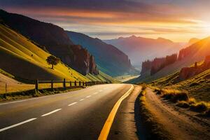 the sun is setting over a road in the mountains. AI-Generated photo