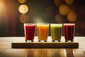 four different juices are lined up on a wooden tray. AI-Generated photo