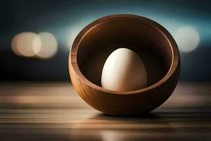 un huevo en un de madera cuenco en un mesa. generado por ai foto