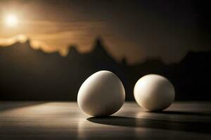 two eggs are sitting on a table in front of a sunset. AI-Generated photo