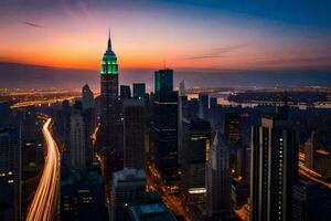 the empire state building is lit up at sunset. AI-Generated photo