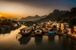 photo wallpaper the sky, mountains, water, houses, the sun, the mountains, the river. AI-Generated