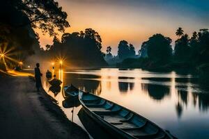two boats sit on the shore of a river at sunset. AI-Generated photo
