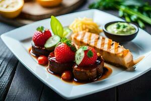 A la parrilla salmón con fresas y Pepino en un blanco lámina. generado por ai foto