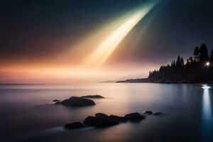 a long exposure photograph of a bright light shining over the water. AI-Generated photo
