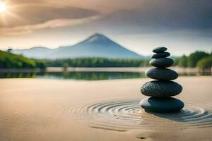 a stack of rocks on the beach with a mountain in the background. AI-Generated photo