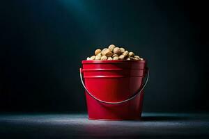 a red bucket filled with peanuts on a dark background. AI-Generated photo