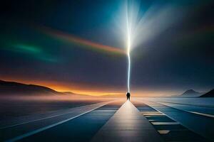 a man standing on a bridge with a light coming out of the sky. AI-Generated photo