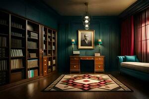 a room with a rug and bookshelf. AI-Generated photo