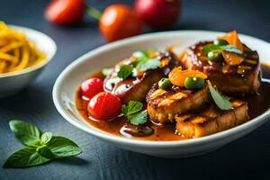 a plate of food with meat and vegetables. AI-Generated photo