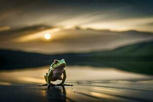 a frog sitting on the edge of a lake at sunset. AI-Generated photo