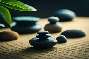 zen stones on a wooden table. AI-Generated photo