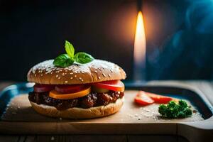 un hamburguesa con Tomates y queso en un de madera bandeja. generado por ai foto