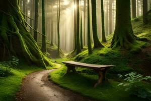 a bench sits in the middle of a green forest. AI-Generated photo