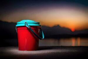 a red bucket sitting on the ground at sunset. AI-Generated photo