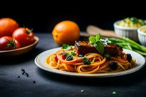 a plate of spaghetti with meat and vegetables. AI-Generated photo